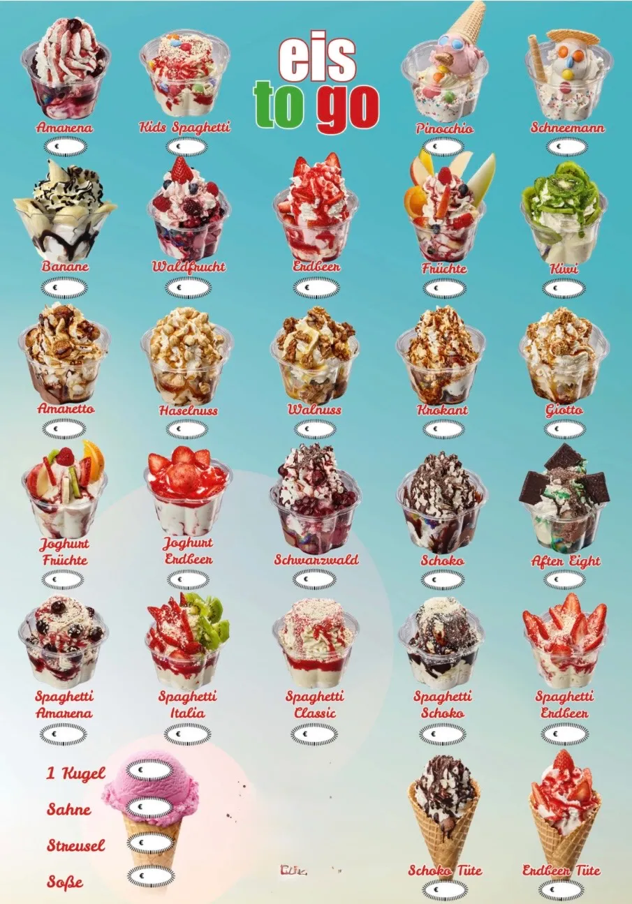 Speisekarte mit Eisbechern und Spaghettieis-Variationen zum Mitnehmen