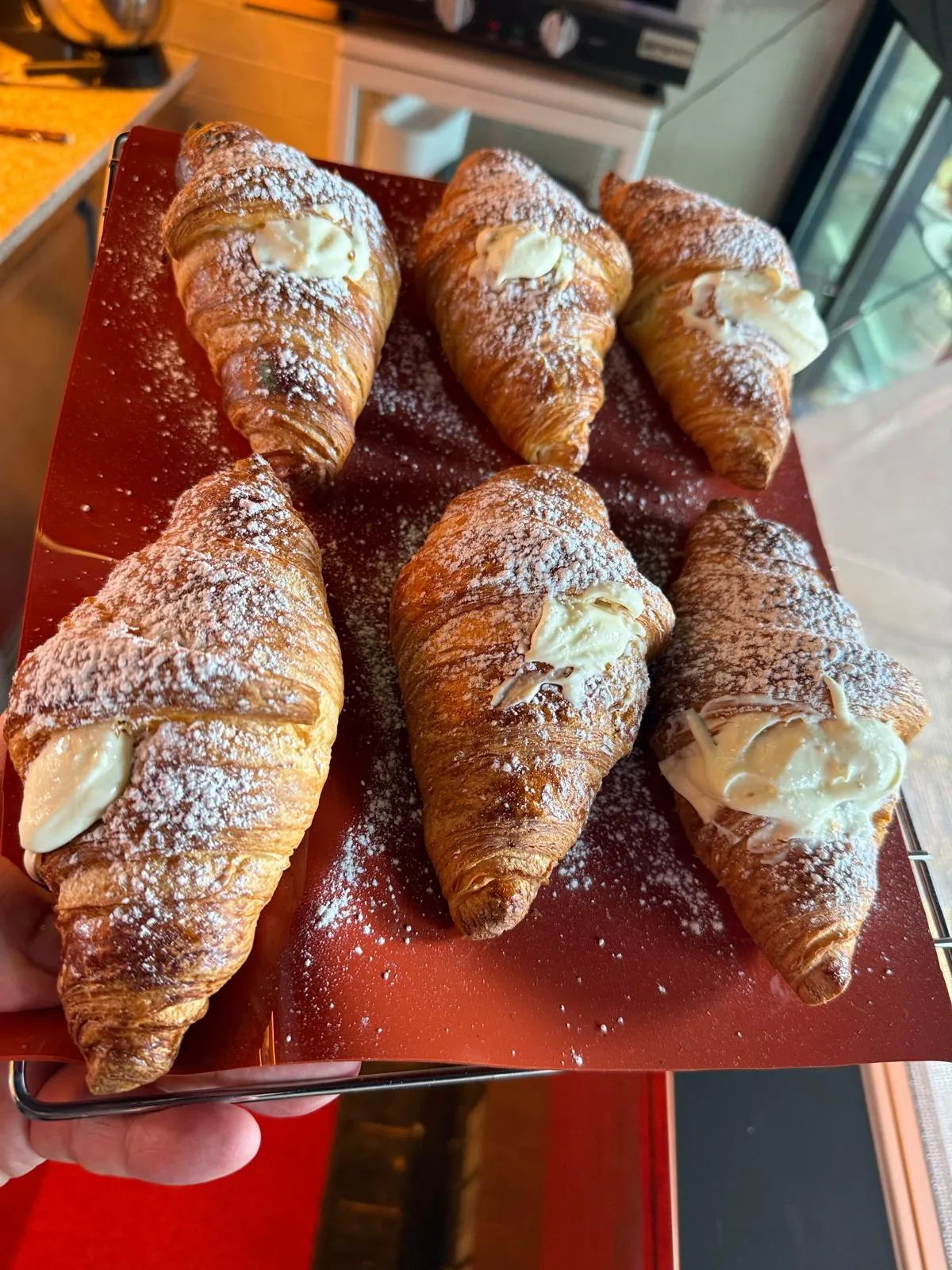 Sechs frisch gebackene, cremegefüllte Croissants mit Puderzucker