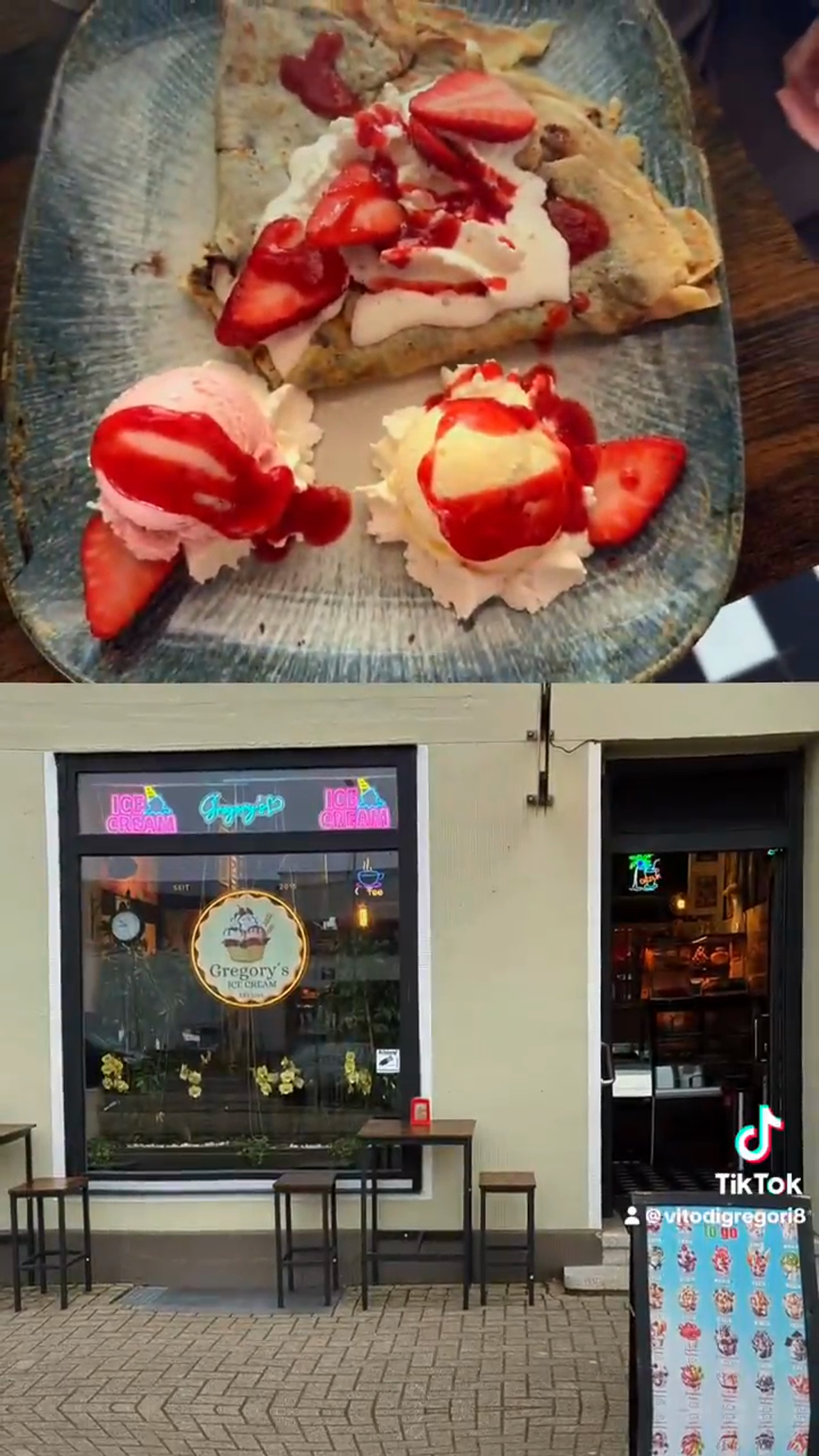 Video eines frischen Crêpes mit Erdbeeren und Eis